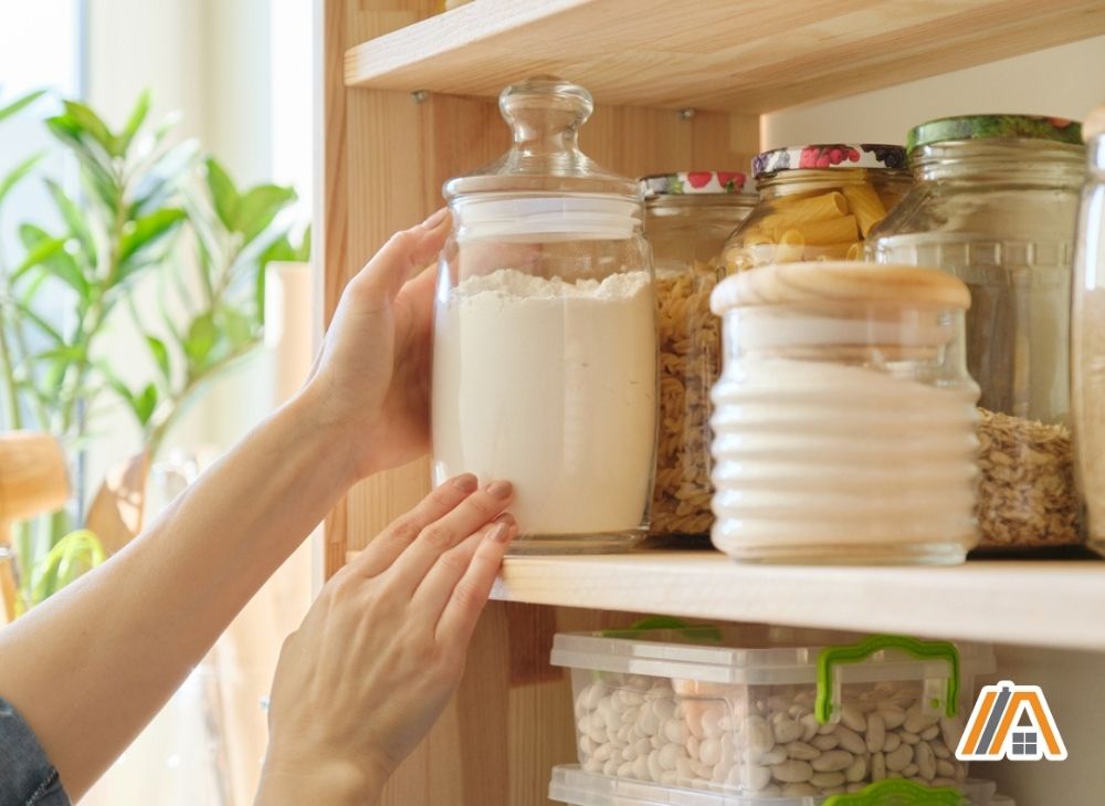 Woman's hand organizing dry goods on jar inside the pantry